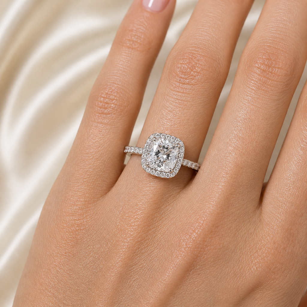 Halo Pavé Ring — Cushion Cut 1CT Silver Moissanite Ring on hand