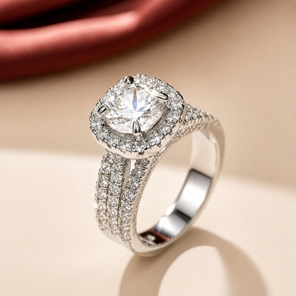 Round Cut Halo Moissanite Ring – Triple Pavé Silver Band | SEÓRA