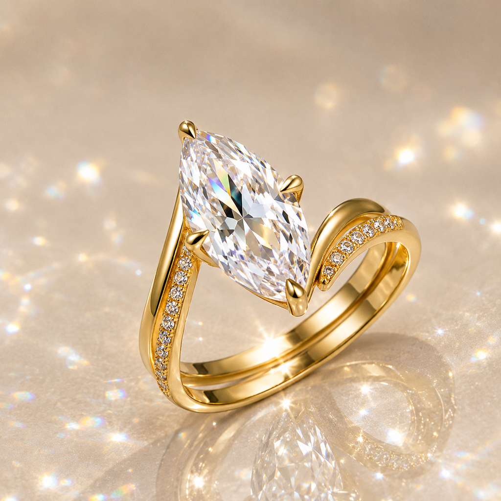 Marquize Cut Halo 3CT Moissanite Double-layer Ring  in Silver  | SEÓRA