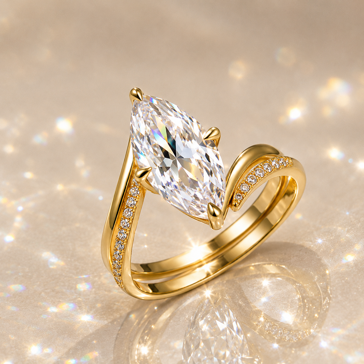 Marquize Cut Halo 3CT Moissanite Double-layer Ring  in Silver  | SEÓRA