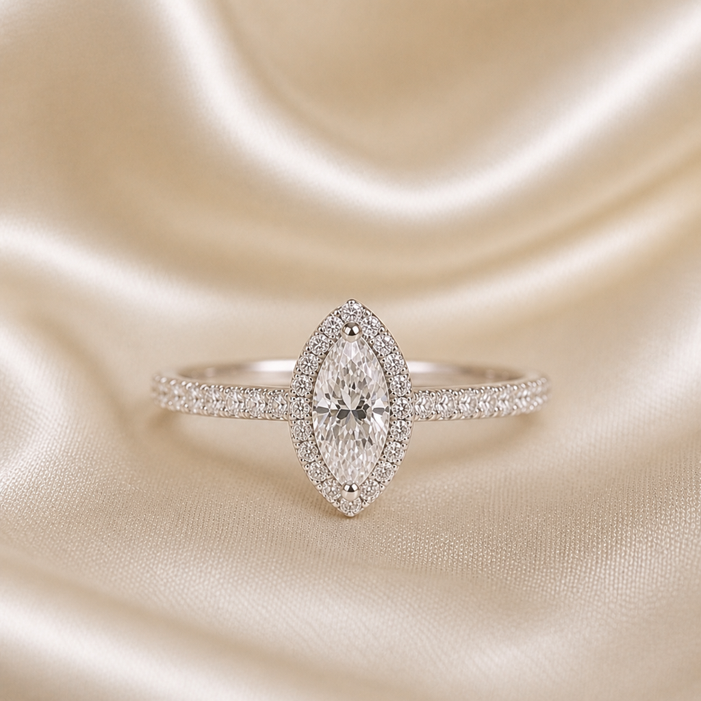 Halo Pavé Ring — Marquise Cut 1CT Silver Moissanite Ring 