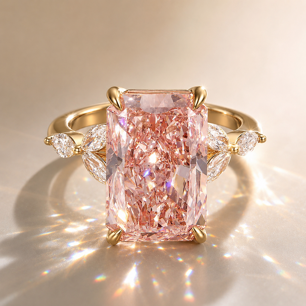 5CT Pink Lab Diamond Ring in 18K Gold | Radiant Cut Engagement Ring | Luxury Marquise Side Stone