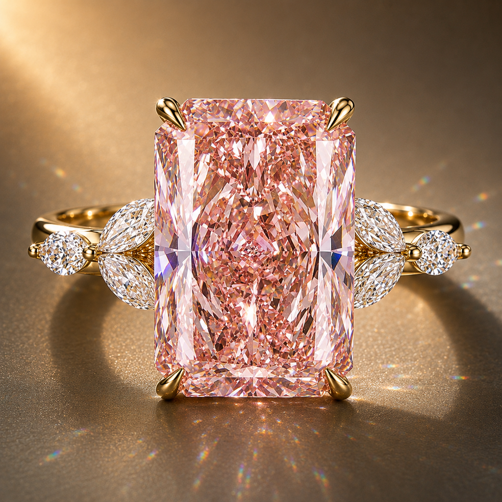 5CT Pink Lab Diamond Ring in 18K Gold | Radiant Cut Engagement Ring | Luxury Marquise Side Stone