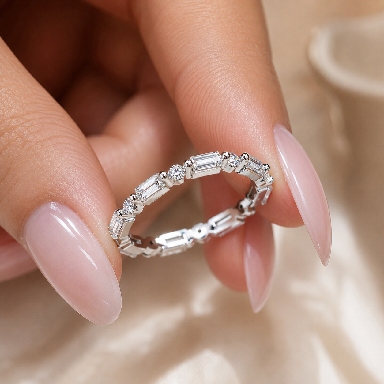Baguette & Round Moissanite Eternity Ring – Solid 14K Gold