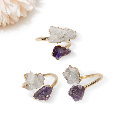 Raw Amethyst and quartz druzy crystals adjustable open finger ring,brass gold plated,bohemian dainty elegant,protection,party,wedding,mascot