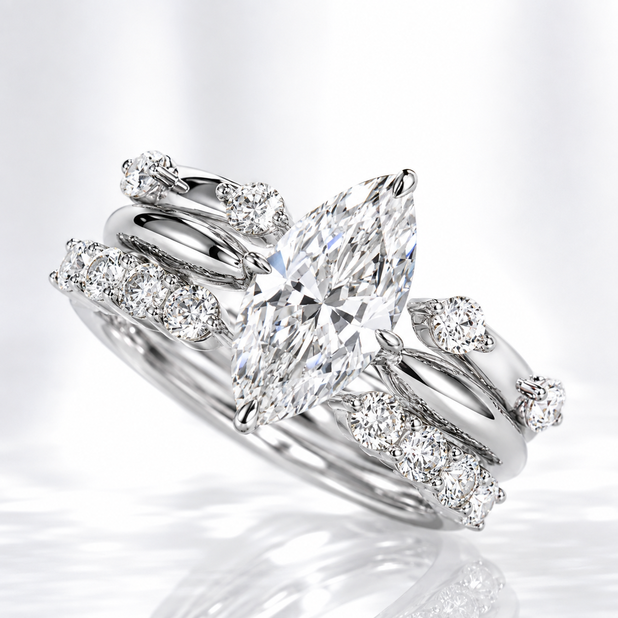 2CT Marquise Moissanite Bridal Ring Set in Sterling Silver | 3 Ring Wedding Set | Stackable Engagement Rings
