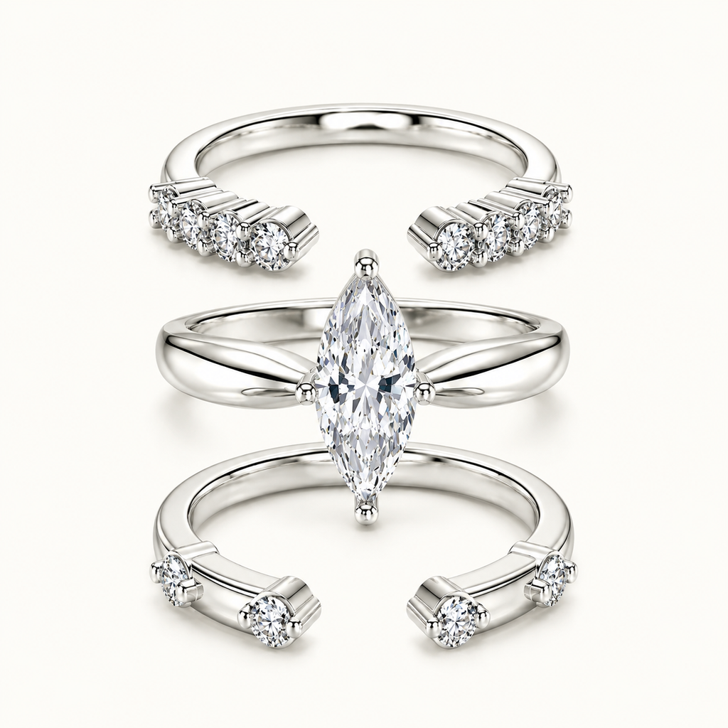 2CT Marquise Moissanite Bridal Ring Set in Sterling Silver | 3 Ring Wedding Set | Stackable Engagement Rings