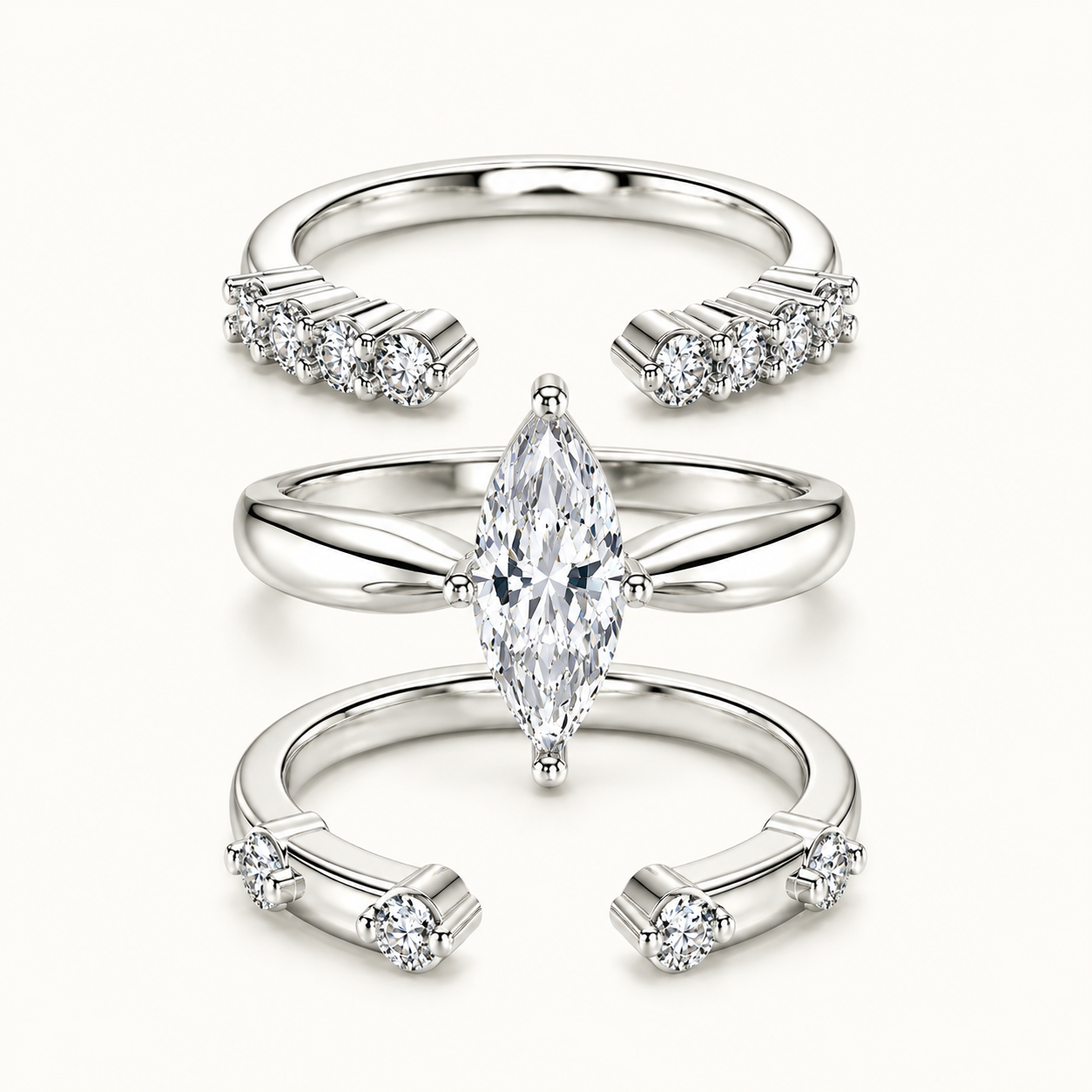 2CT Marquise Moissanite Bridal Ring Set in Sterling Silver | 3 Ring Wedding Set | Stackable Engagement Rings