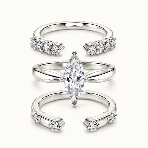 2CT Marquise Moissanite Bridal Ring Set in 18K Gold | 3 Ring Wedding Set | Stackable Engagement Rings