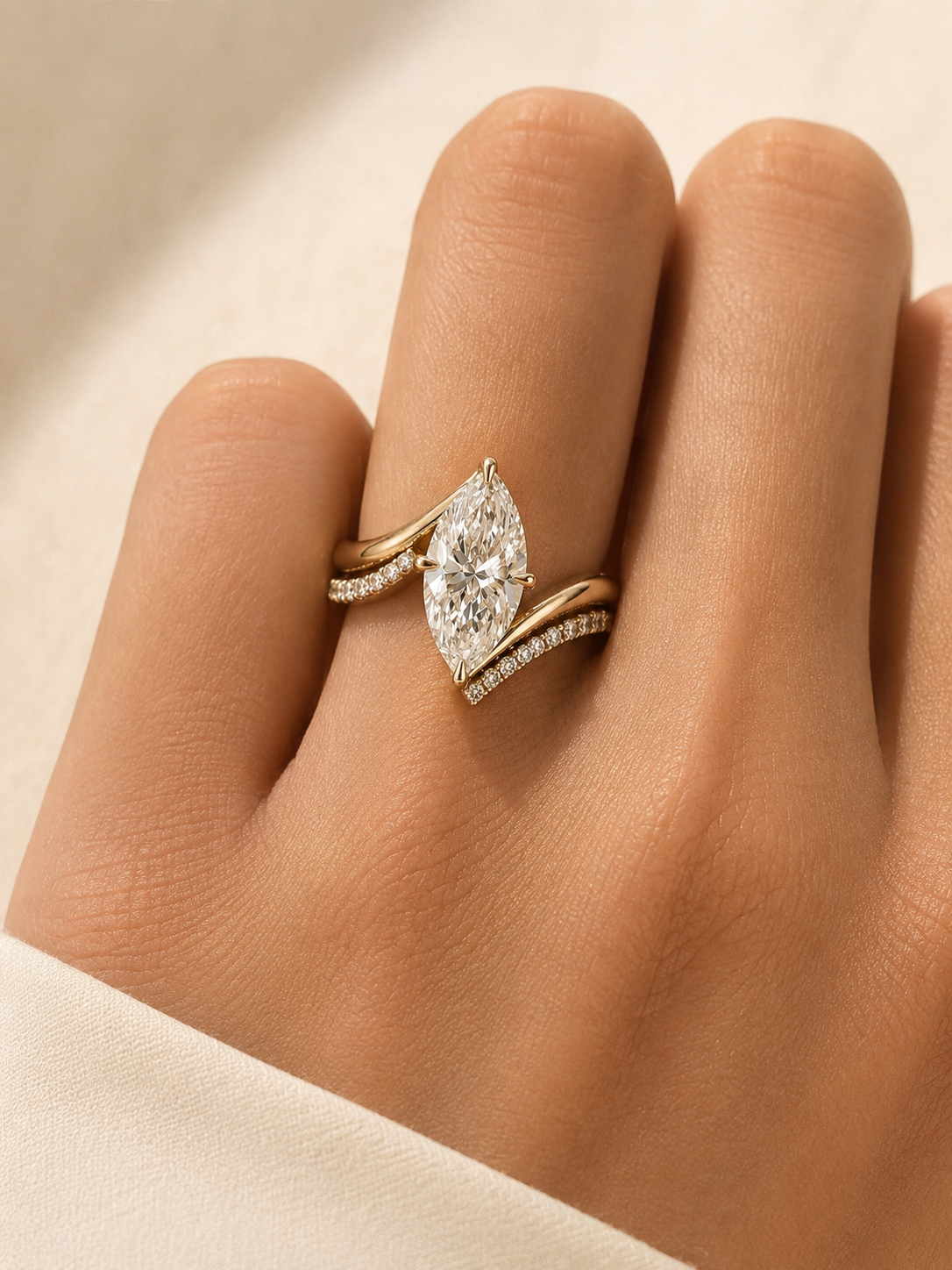 Marquise Moissanite Double-layer Ring  3CT – 18K Gold Curved Pavé Band | SEÓRA