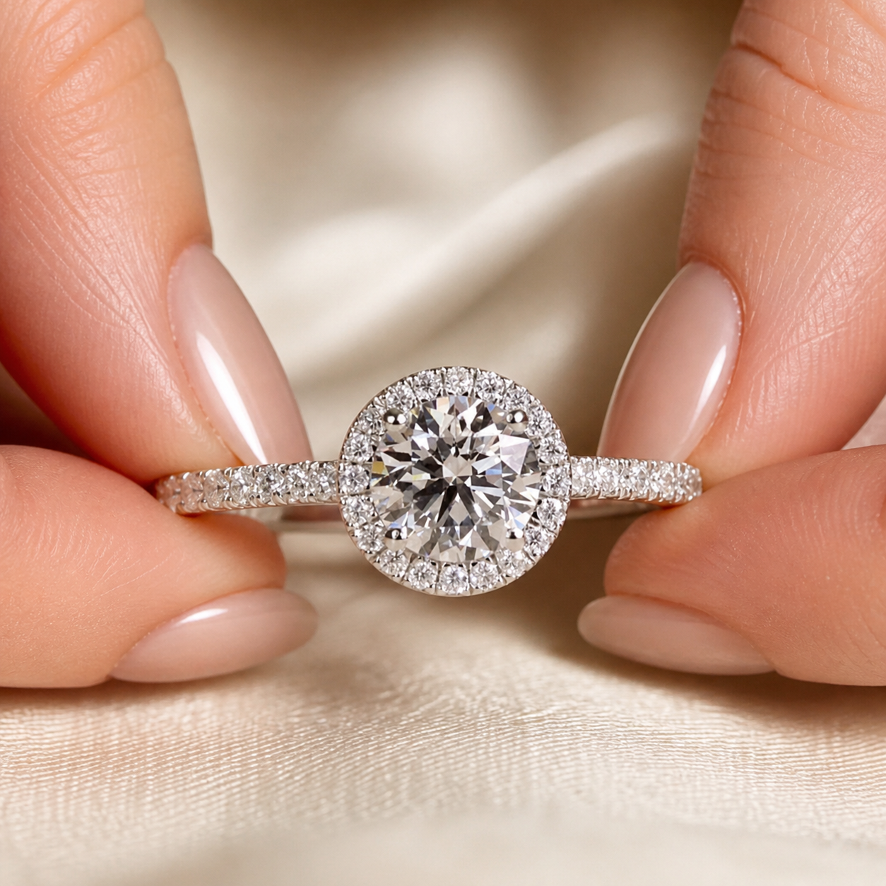 Halo Pavé Ring — Round Cut 1CT Silver Moissanite Ring 