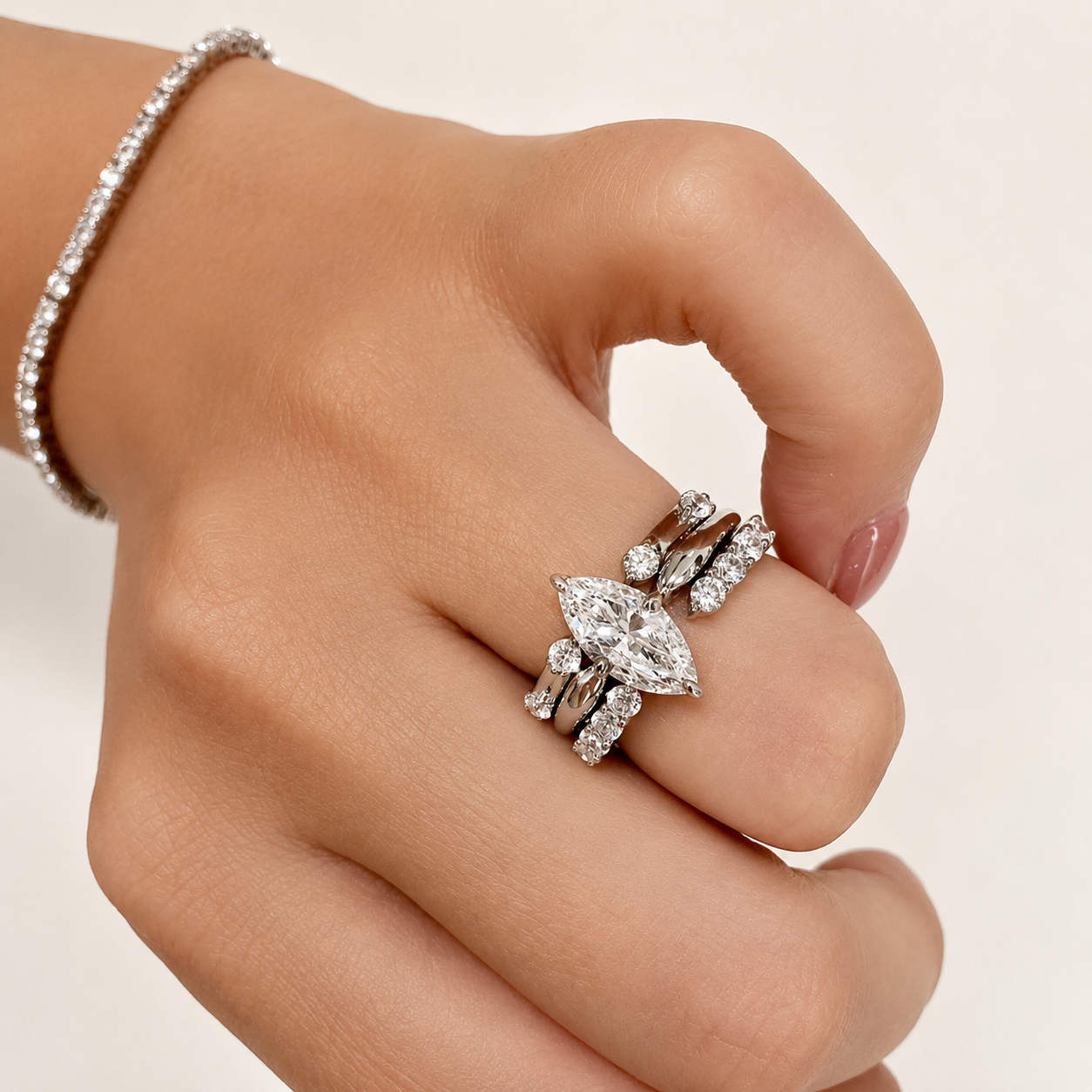 2CT Marquise Moissanite Bridal Ring Set in Sterling Silver | 3 Ring Wedding Set | Stackable Engagement Rings
