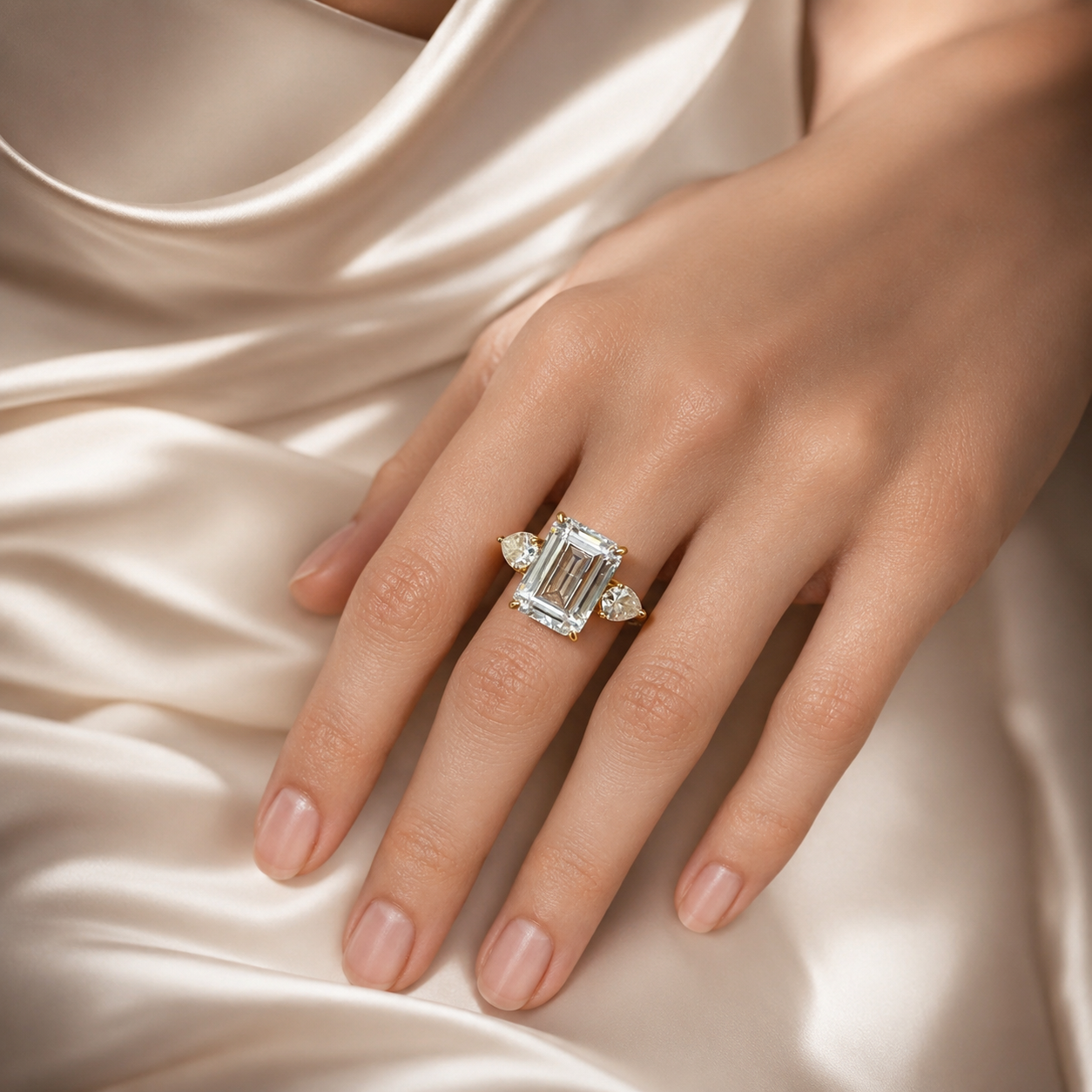 4Ct Emerald Cut Moissanite Ring with Pear Side Stones | 18 K Gold | SEÓRA