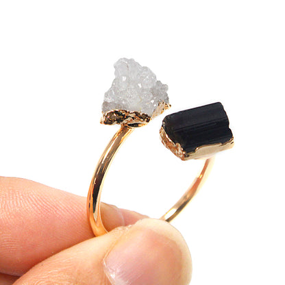 Open finger ring with two raw crystals Black Tourmaline and quartz druzy crystal, natural gem, fashion dainty elegant healing protection