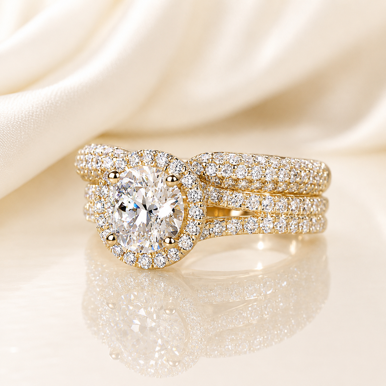Halo Moissanite Ring Set 1CT – 18K Gold Pavé Band | SEÓRA