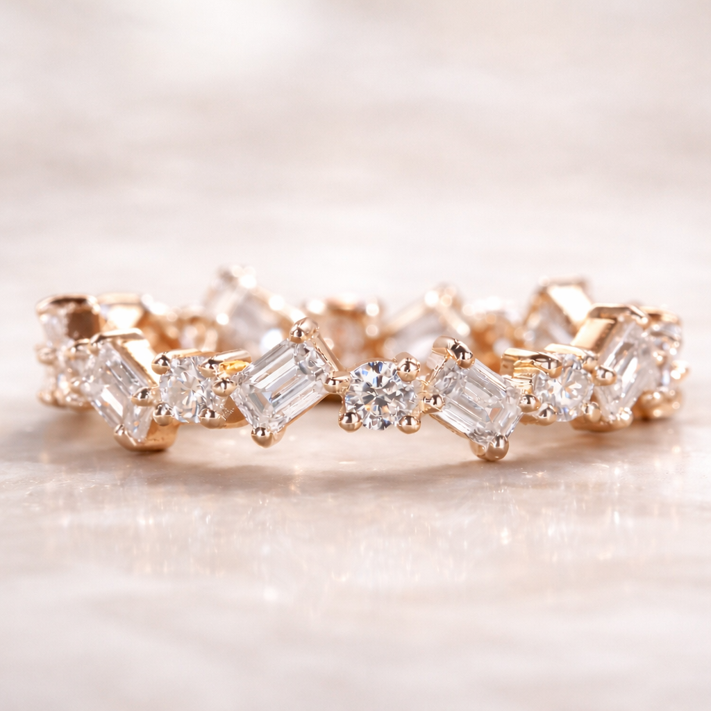Emerald & Round Cut Moissanite Full Eternity Ring – 18K Gold | SEÓRA
