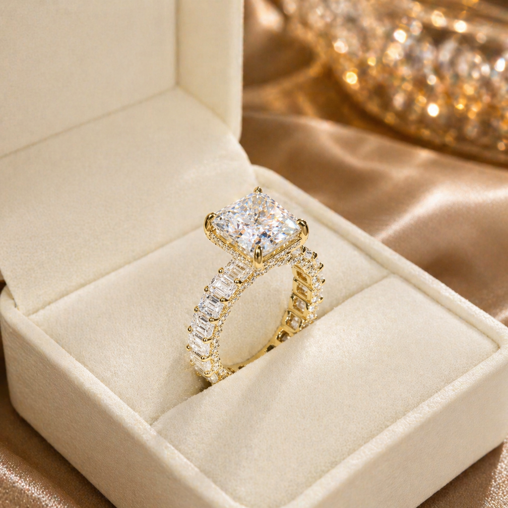 Radiant cut 5 carat moissanite ring with baguette side stones on hand, luxury statement ring