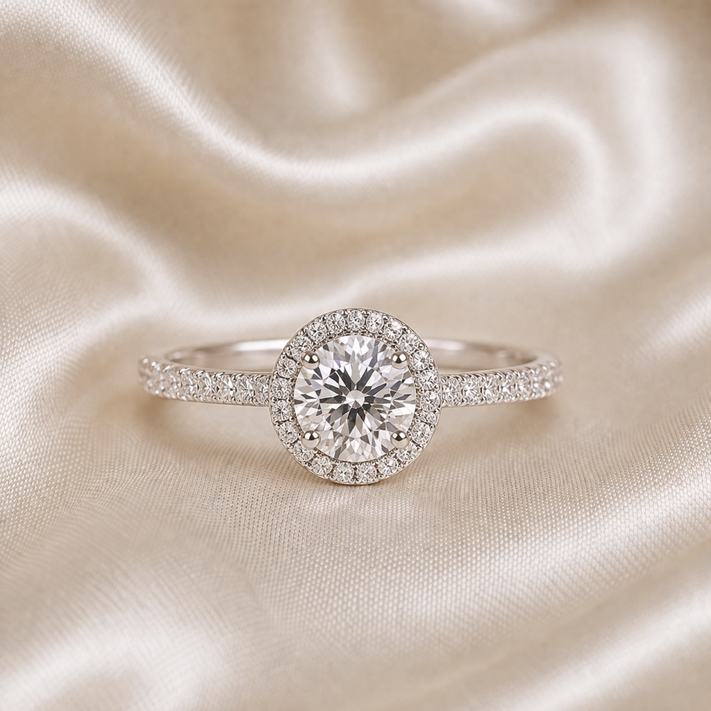 Halo Pavé Ring — Round Cut 1CT Silver Moissanite Ring 