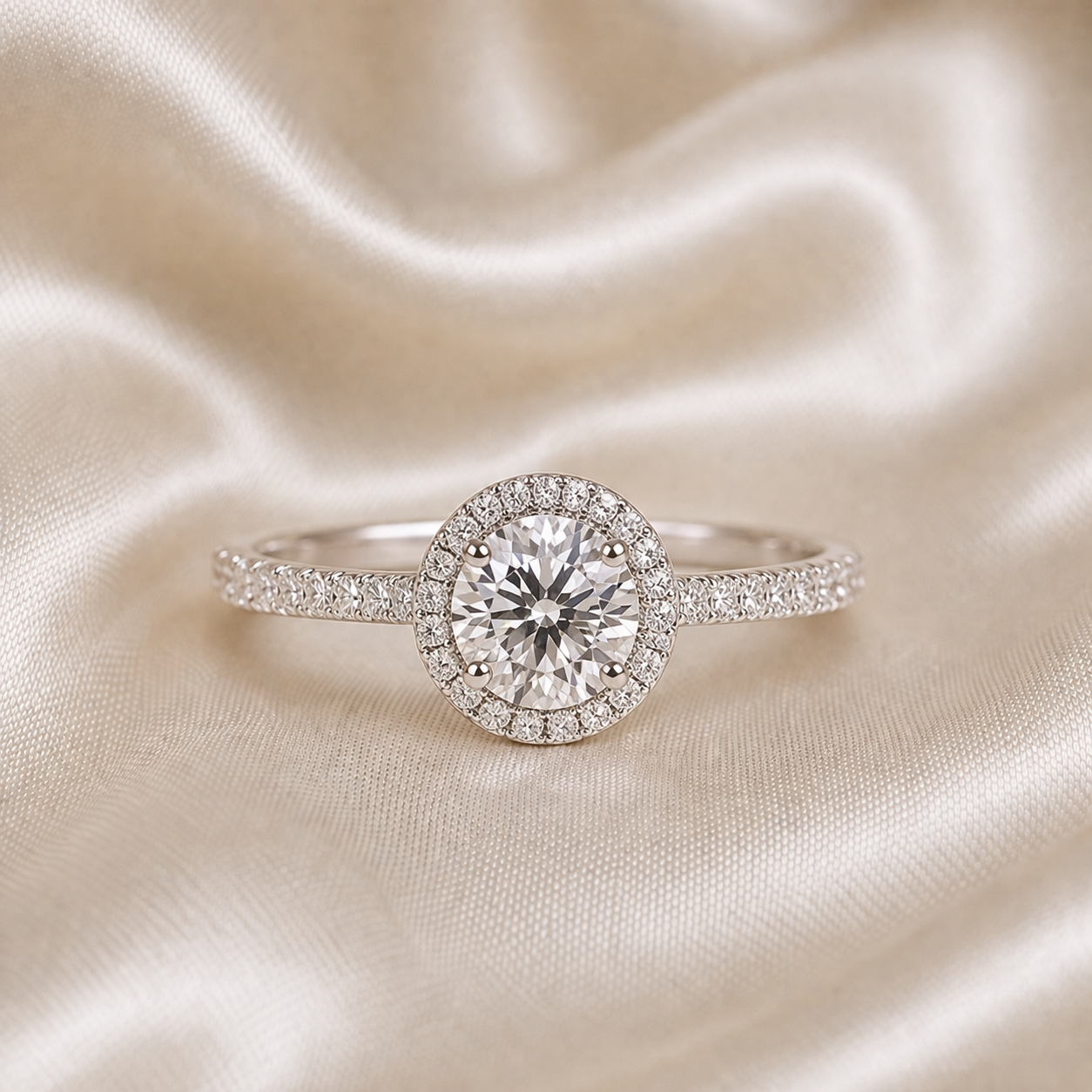 Halo Pavé Ring — Round Cut 1CT Silver Moissanite Ring 