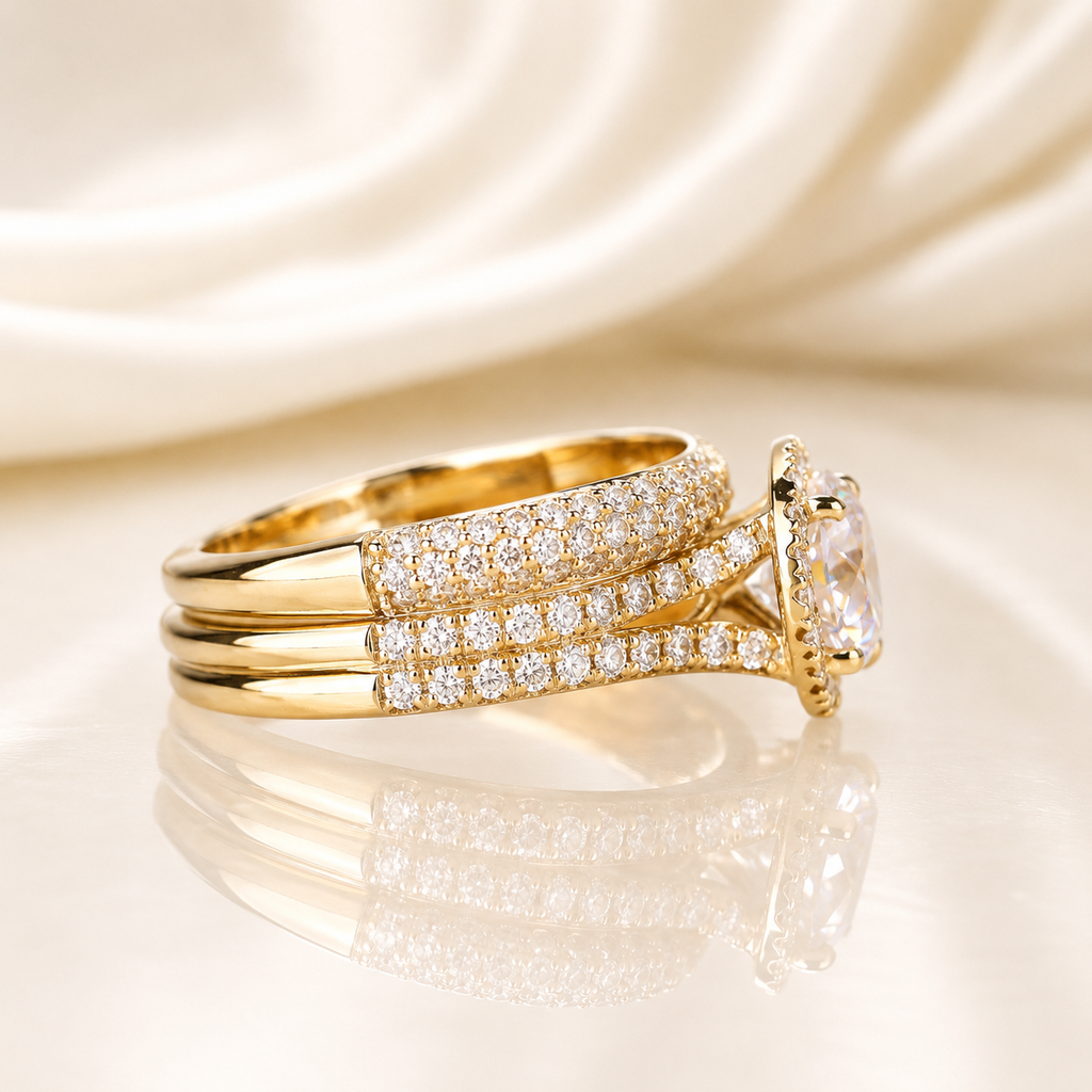 Halo Moissanite Ring Set 1CT –  Gold Plated Silver Pavé Band | SEÓRA