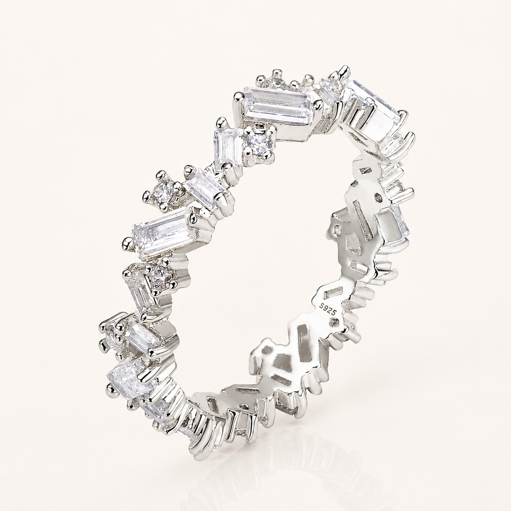 Alternating Baguette & Round Moissanite Eternity Ring | 925 Sterling Silver Wedding Band | SEÓRA