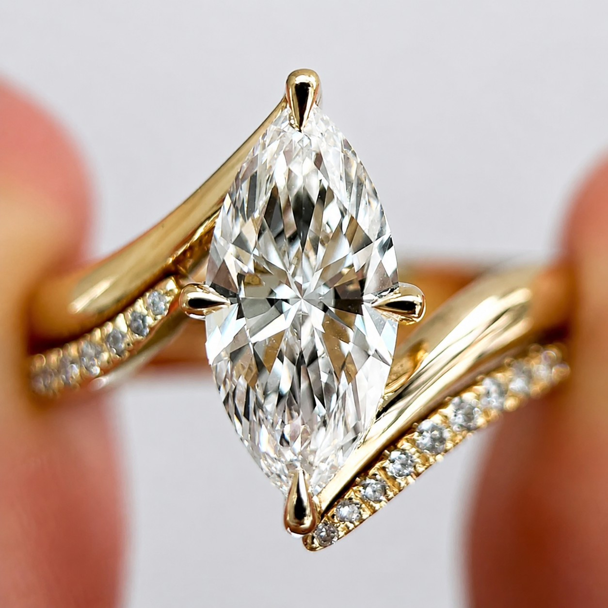 Marquise Moissanite Double-layer Ring  3CT – 18K Gold Curved Pavé Band | SEÓRA