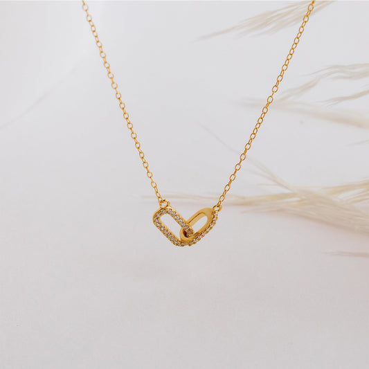 Gold Rhinestone Link Pendant Necklace – Double Oval Chain, Elegant Minimal Choker