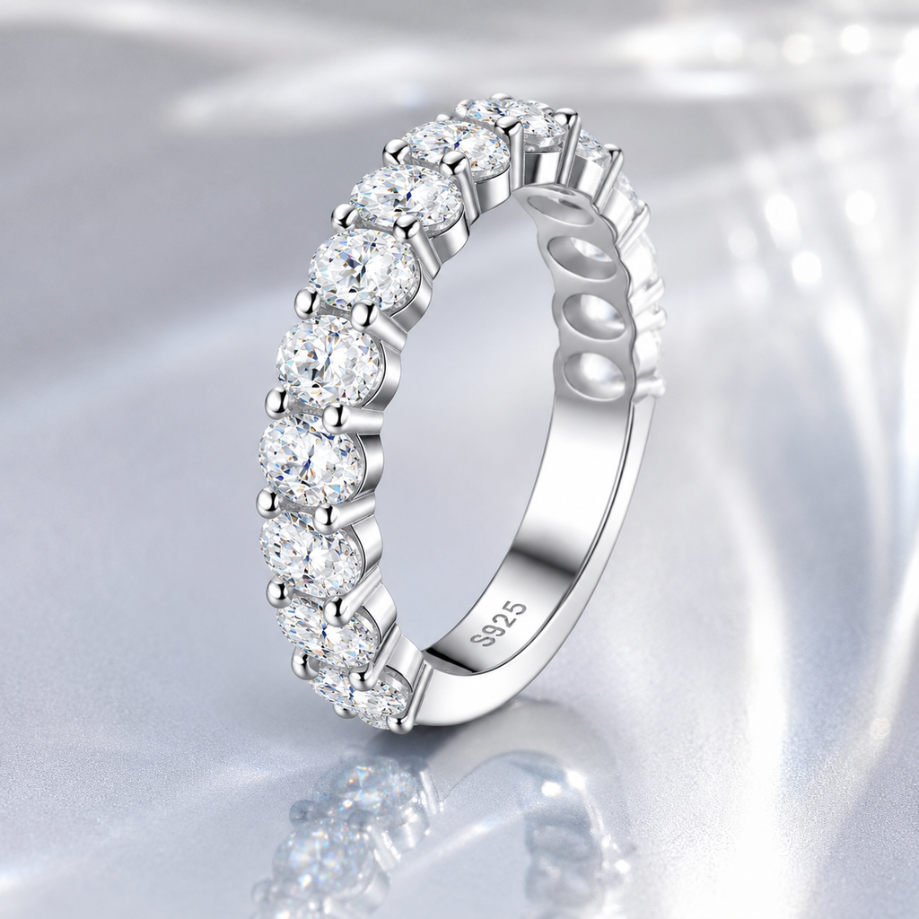 Oval Moissanite Half Eternity Ring in Silver | Wedding Band | Anniversary Ring | SEORA