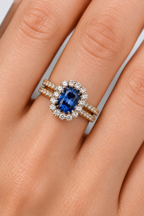 2Ct Lab Grown Sapphire Halo Bridal Set in Solid 18K Gold | Moissanite Wedding Ring Set | SEÓRA