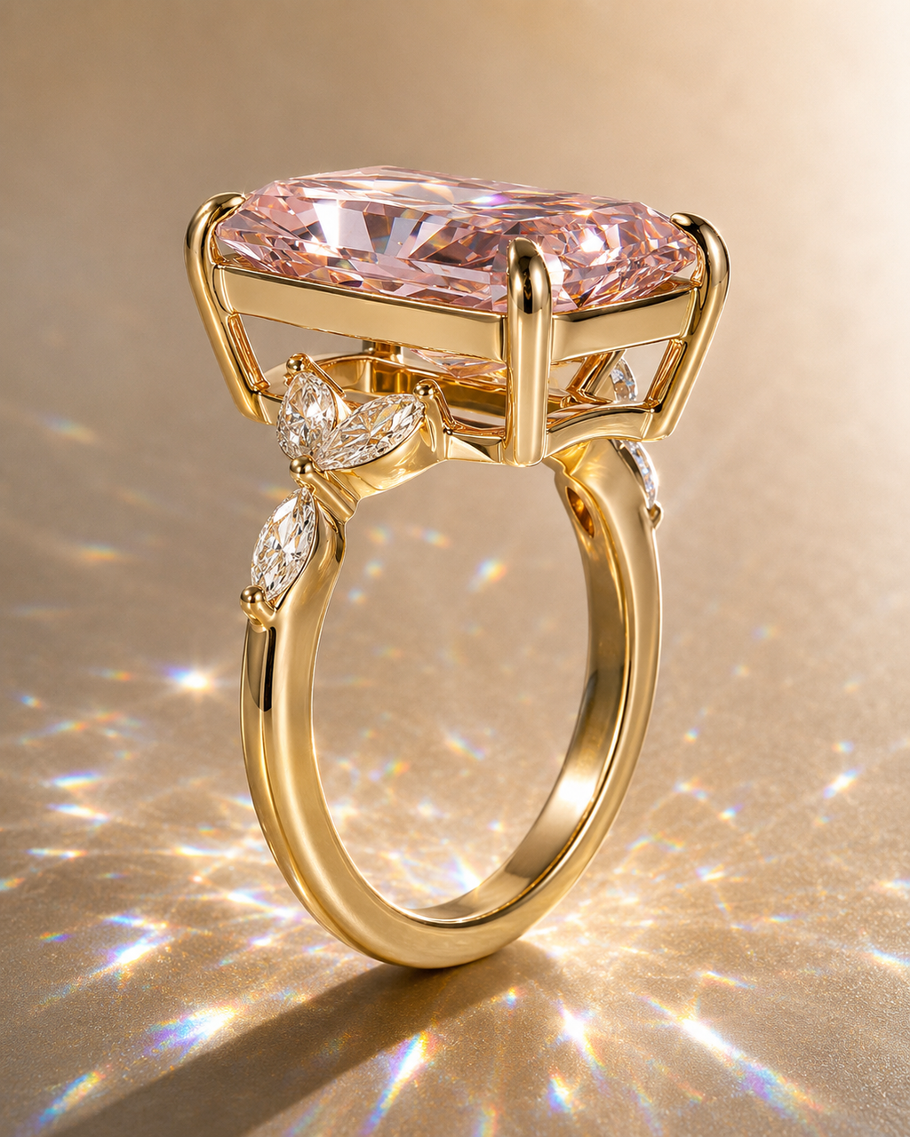 5CT Pink Lab Diamond Ring in 18K Gold | Radiant Cut Engagement Ring | Luxury Marquise Side Stone