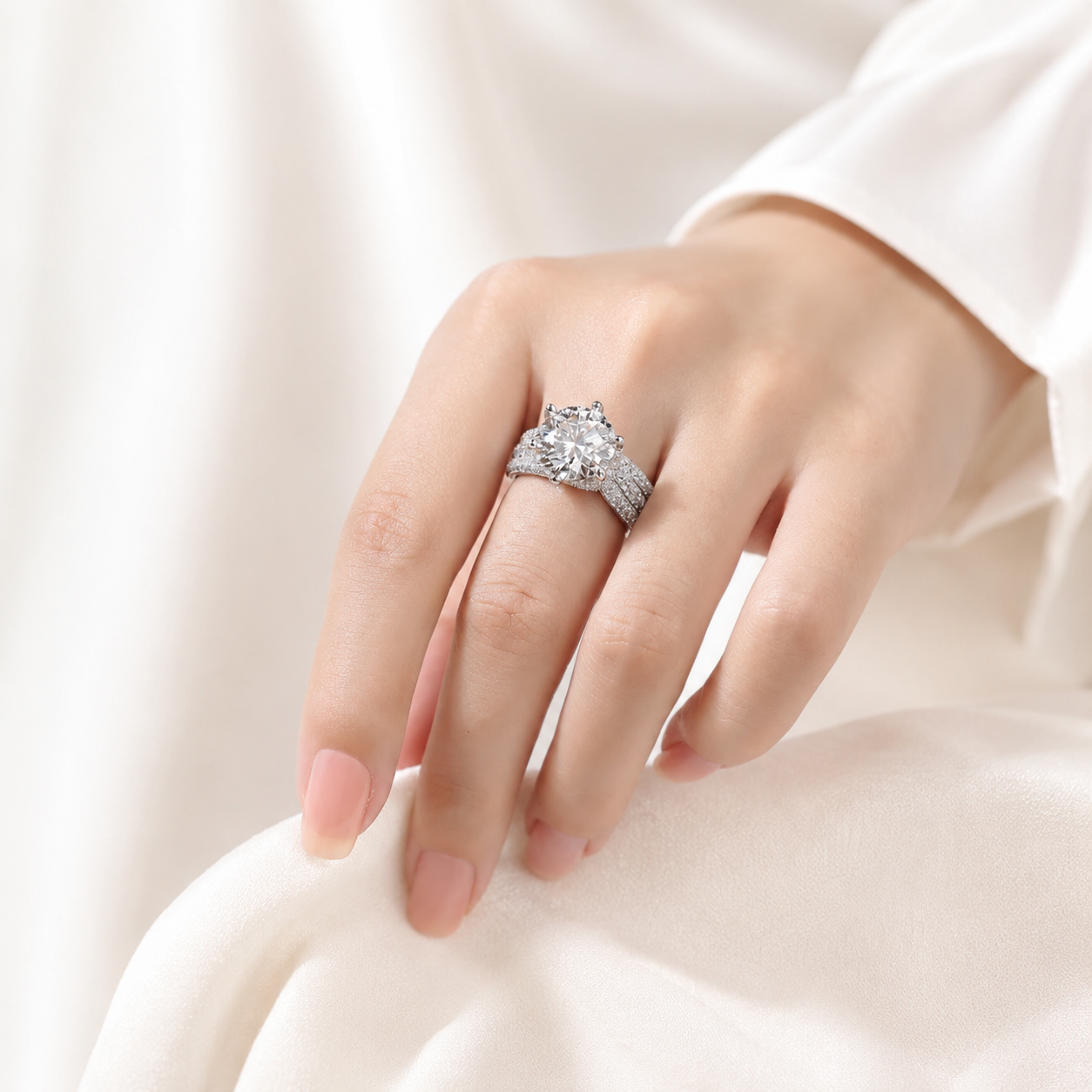 5CT Round Cut Moissanite Pavé White Gold Plated Silver Ring | SEÓRA