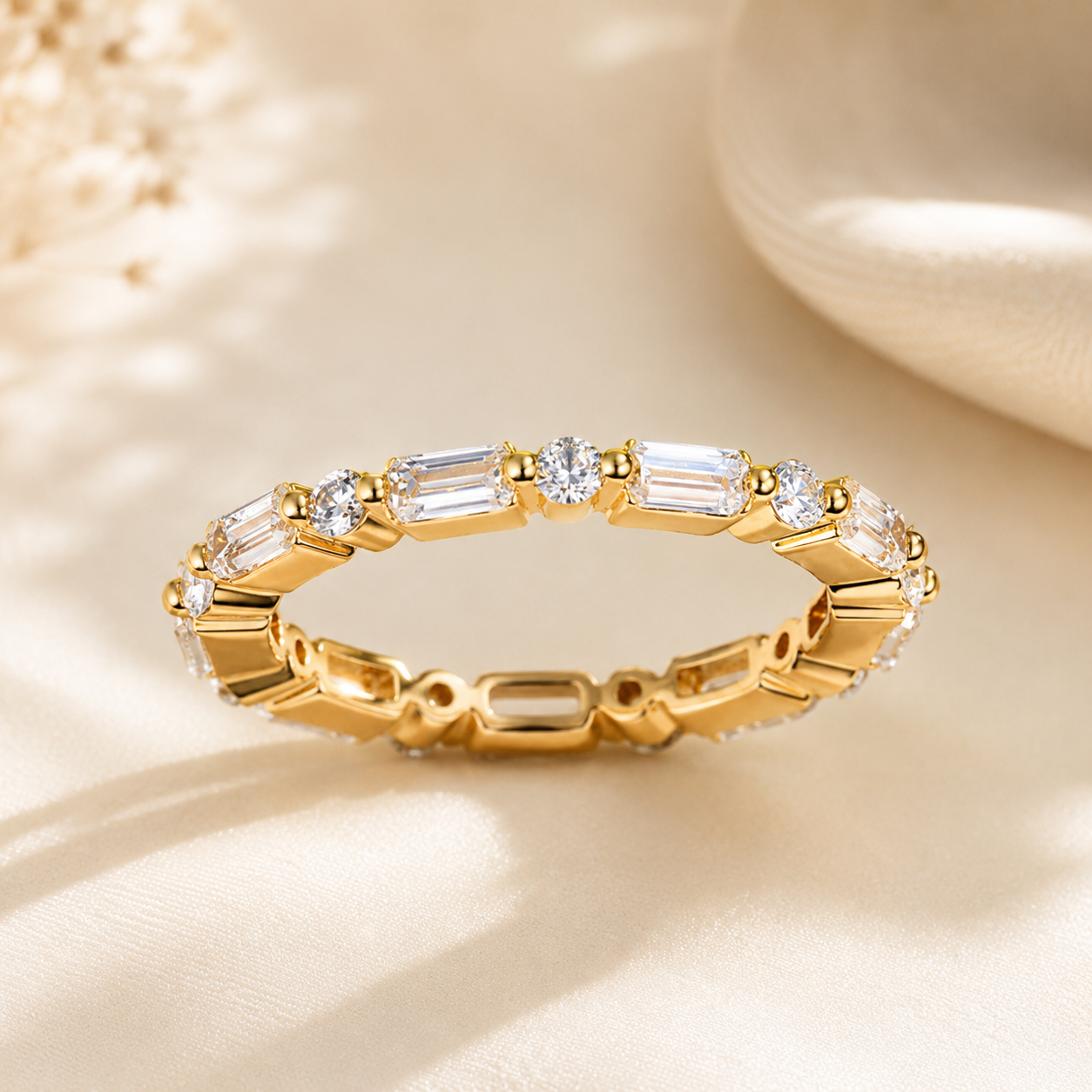 Baguette & Round Moissanite Eternity Ring – Solid 14K Gold